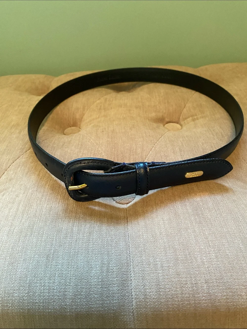 Ralph Lauren Navy Leather Belt with Gold Accent